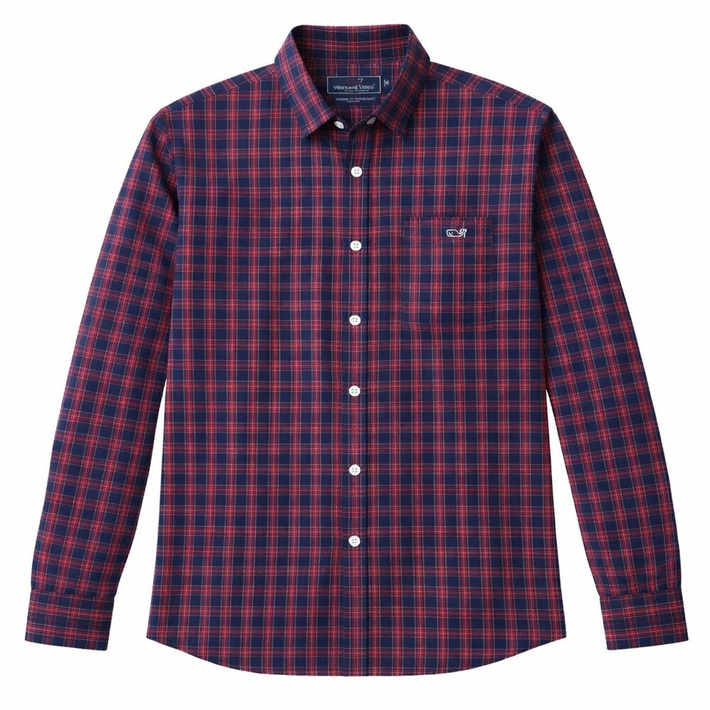 Vineyard Vines plaid button down long sleeve cotton top. Red and Blue. Men XL